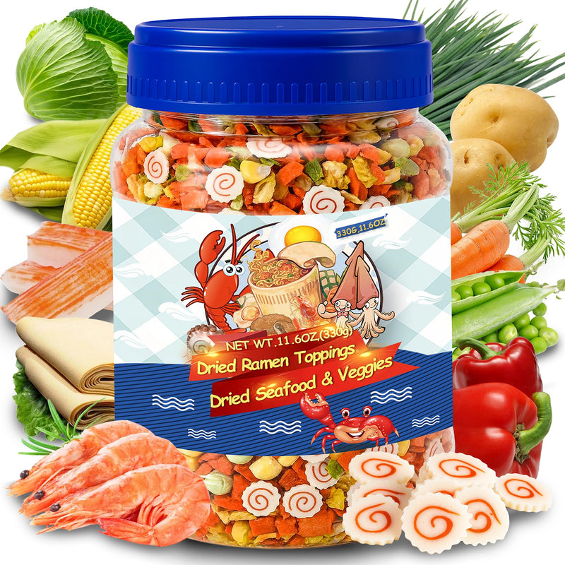 11.6oz Dried Ramen Toppings – 11 Mixed Dehydrated Seafood & Vegetables with Shrimp, Crab & Fishcake, Freeze-Dried Veggies for Soups, Salads, Pizza & Camping Meals
