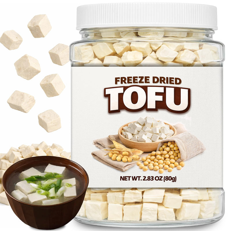 2.83oz (80g) Freeze Dried Tofu Cubes, 1cm Bite Size, Plant Based Dehydrated Tofu, Low Sugar, High Protein, Keto Friendly and Vegan, Instant Food for Ramen, Miso Soup, Salads, Camping and Meal Prep