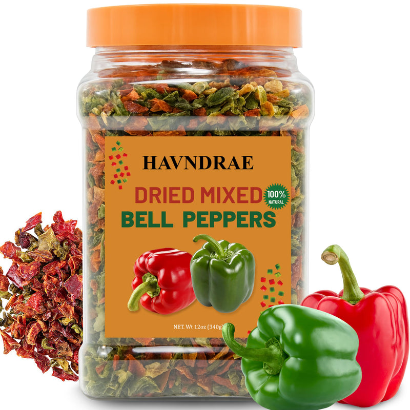 12oz Dried Bell Peppers Mix, Dehydrated Red & Green Bell Pepper Flakes for Ramen, Soups, Stews, Noodles – Gluten Free Vegetable Toppings & Seasoning Blend