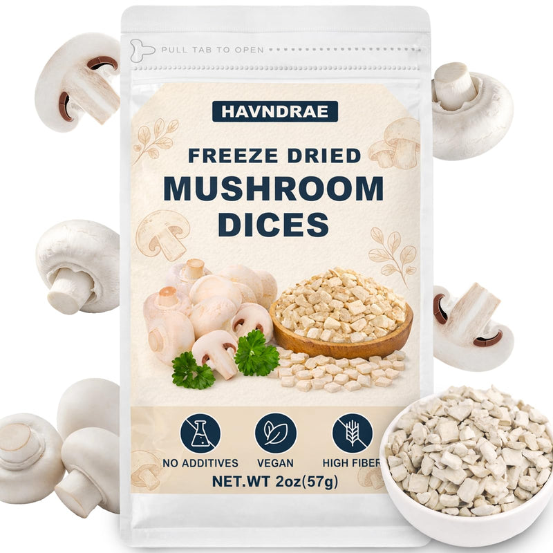 2oz Freeze-Dried Mushrooms Dices, High Quality Dehydrated Mushrooms from White Button Mushrooms, Suitable for Cooking, Risotto, Soups, Vegan & Clean Food, No Added Salt
